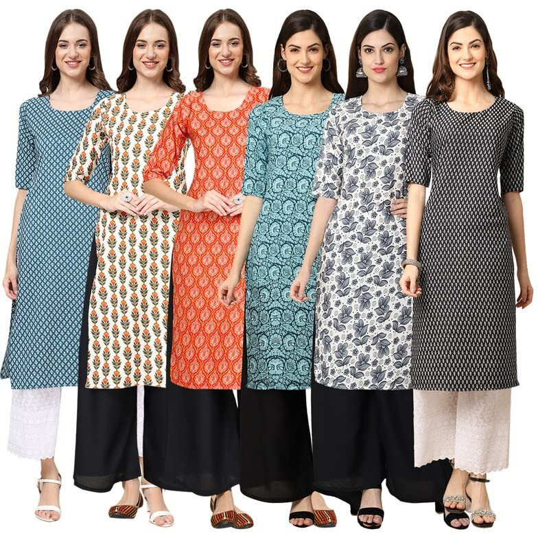 Pinkmint Women's Crepe Digital Print Straight Kurta [Pack Of 6] Multicolour