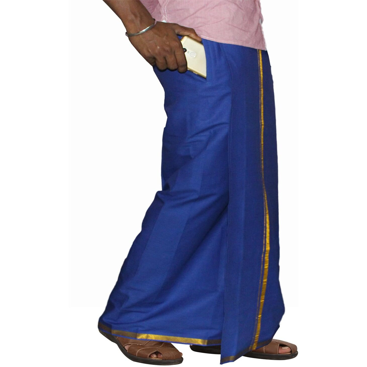 Prakasam Cotton Men's Single Blue Colour Welcro Pocket Jari Dhoti With Matching Jari Towel (Hip Size -34)
