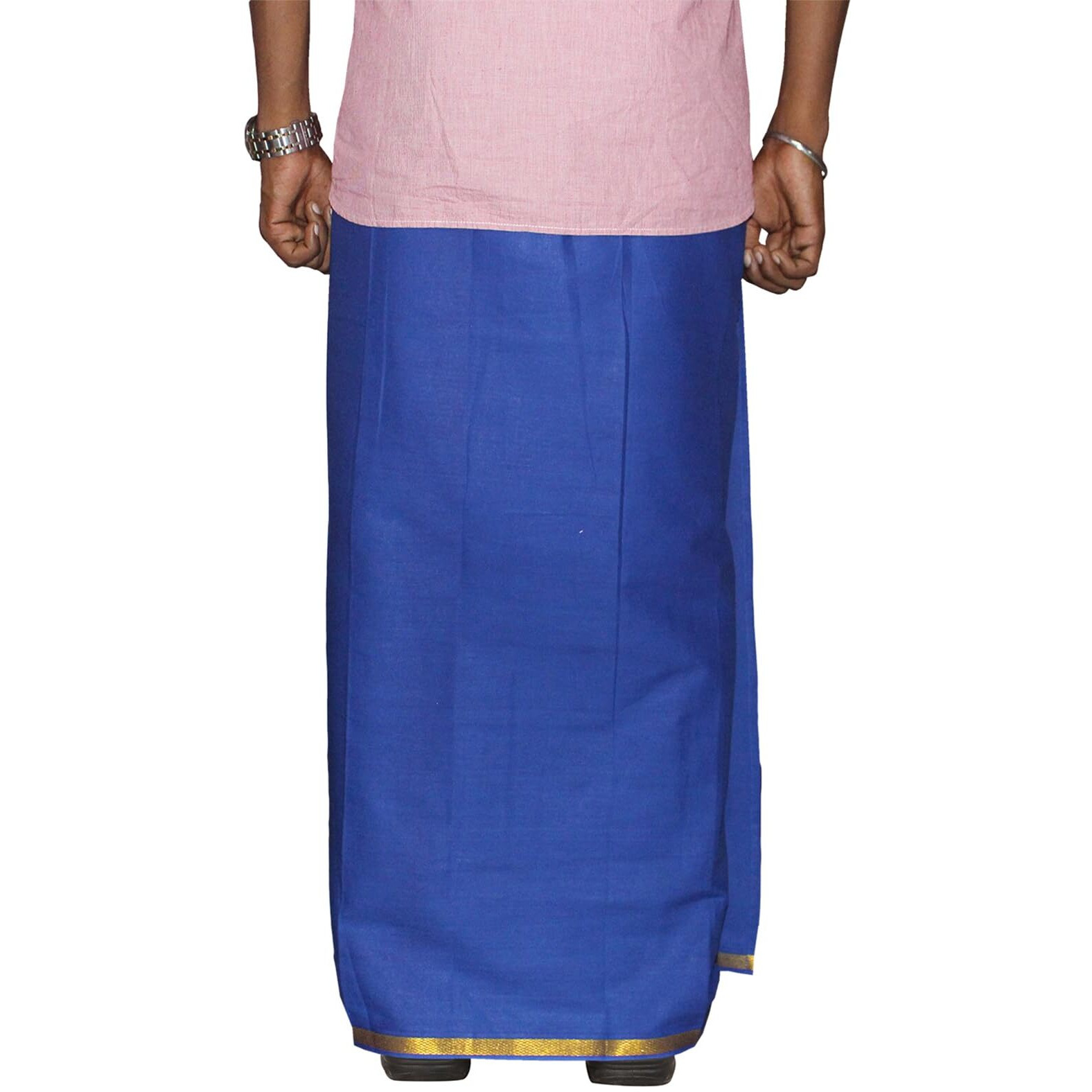 Prakasam Cotton Men's Single Blue Colour Welcro Pocket Jari Dhoti With Matching Jari Towel (Hip Size -34)