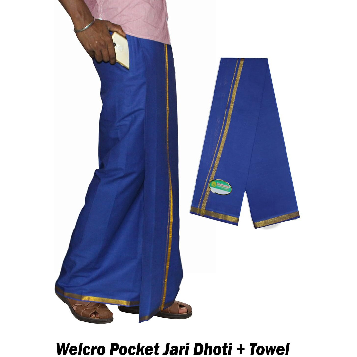Prakasam Cotton Men's Single Blue Colour Welcro Pocket Jari Dhoti With Matching Jari Towel (Hip Size -34)