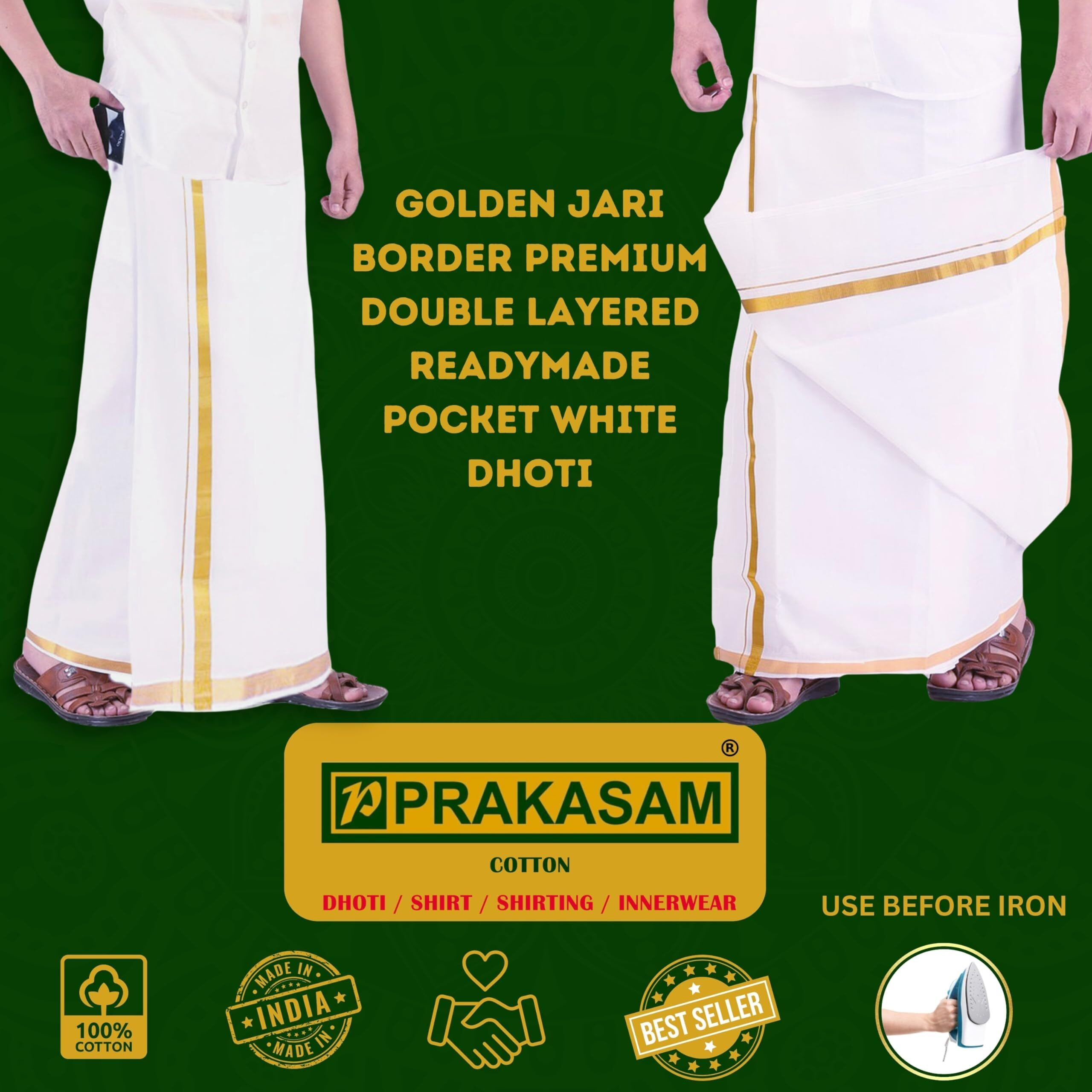 Prakasam Cotton Men's Fine Quality Welcro Pocket Jari Cotton Double Dhoti (38)
