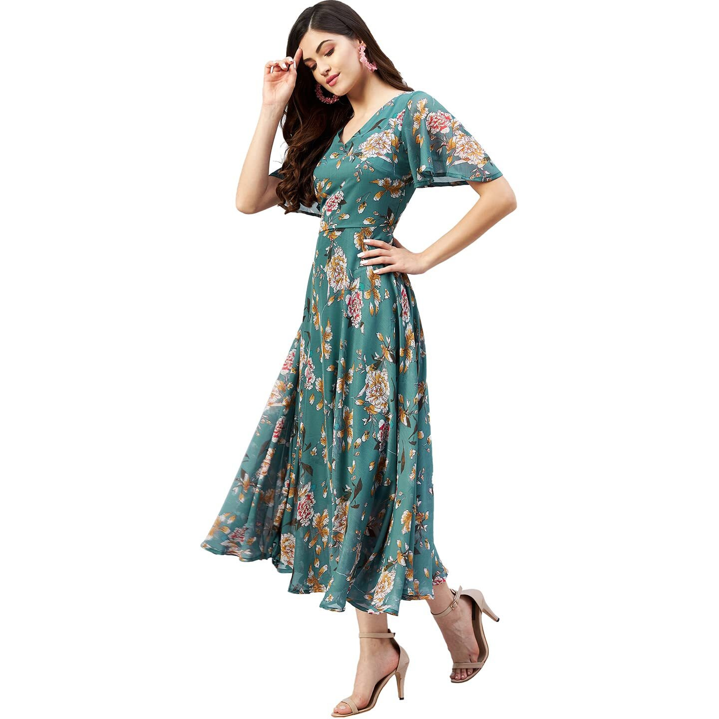 Rare Women Casual Teal Colour Calf Length Fit & Flarefloral Dress, Large