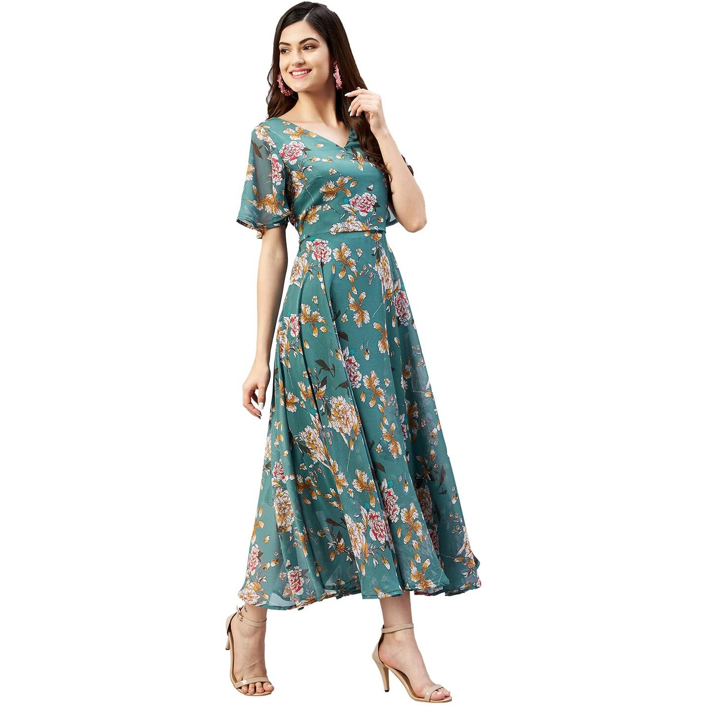 Rare Women Casual Teal Colour Calf Length Fit & Flarefloral Dress, Large