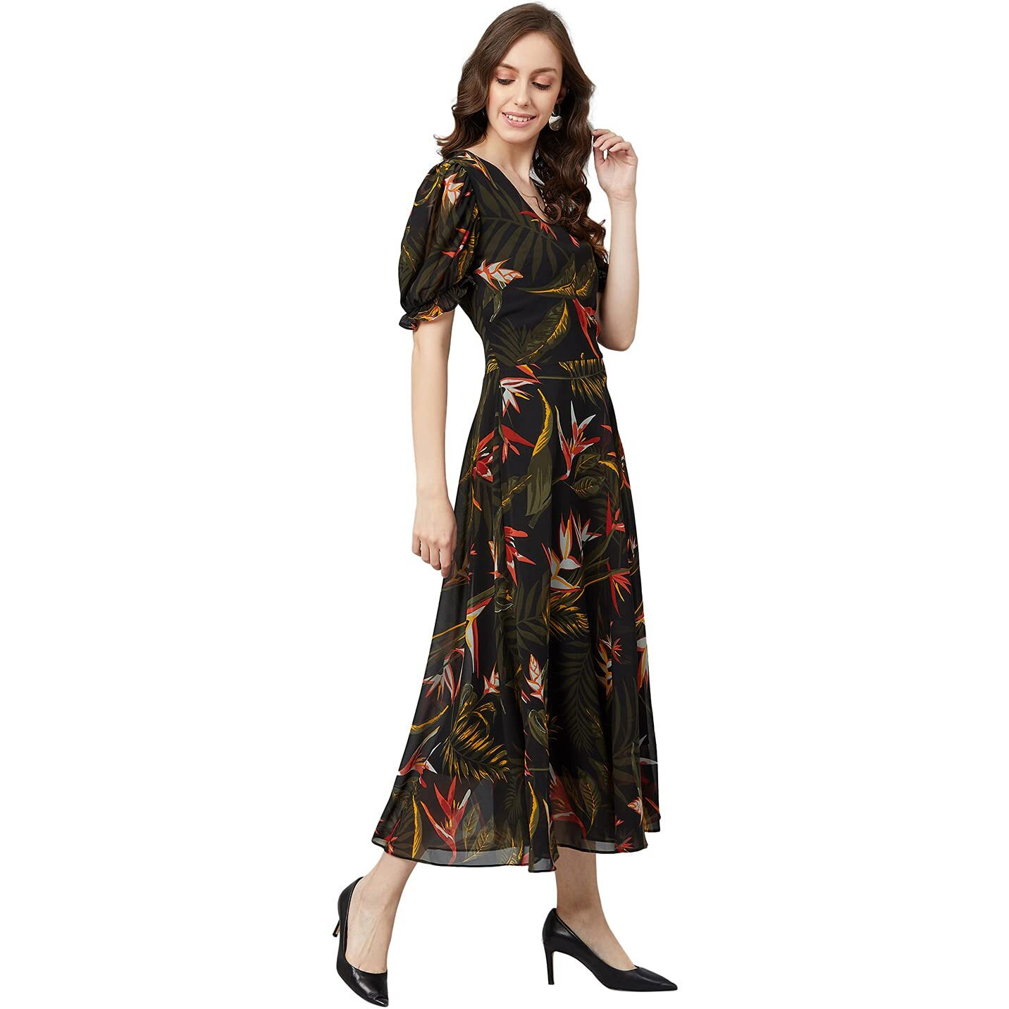 Rare Women's Georgette Fit And Flare Midi Casual Dress (Ep6504_Black_Small)