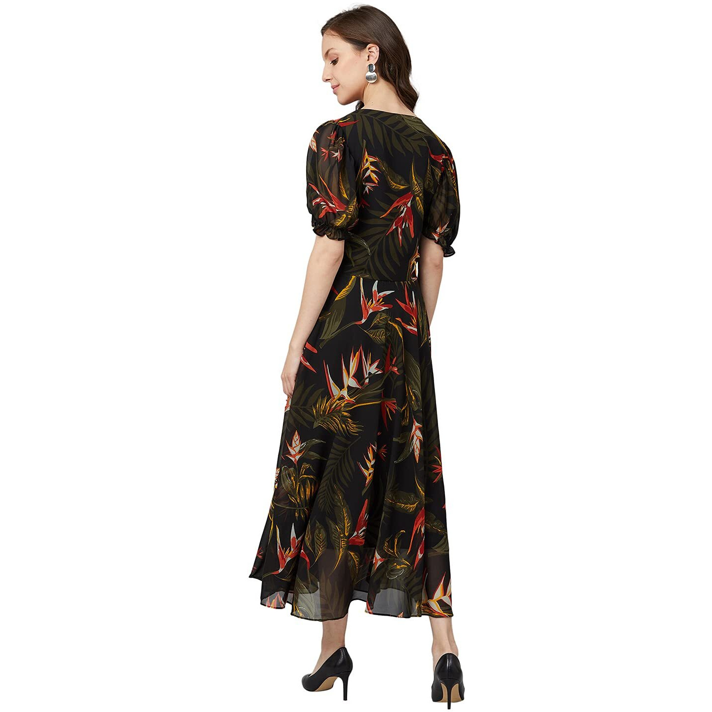 Rare Women's Georgette Fit And Flare Midi Casual Dress (Ep6504_Black_Small)