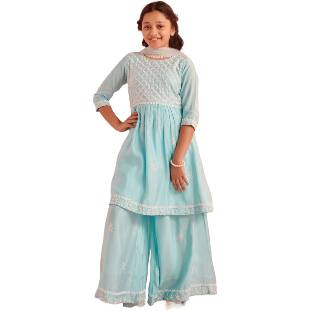 Pspeaches Girl's Cotton Blend Sharara Set (Sha-Firozichikankari-10-12Y_Firozi