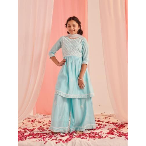 Pspeaches Girl's Cotton Blend Sharara Set (Sha-Firozichikankari-10-12Y_Firozi