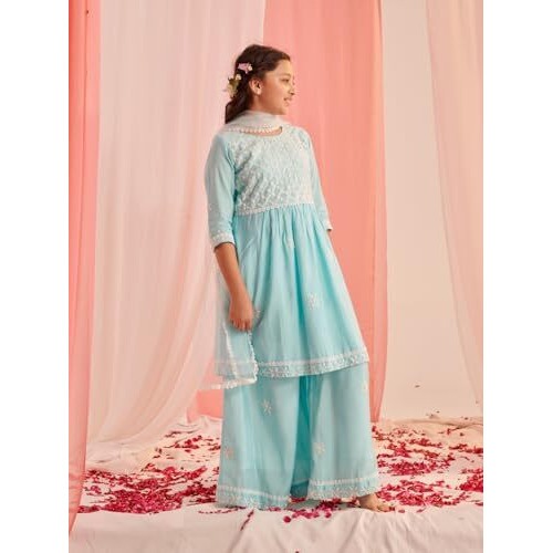 Pspeaches Girl's Cotton Blend Sharara Set (Sha-Firozichikankari-10-12Y_Firozi