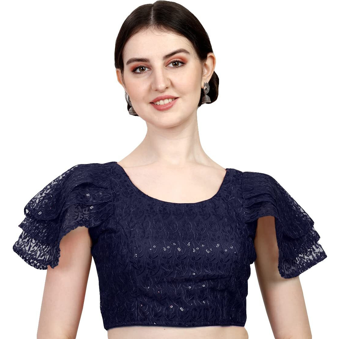 Pujia Mills Women's Shipali Net Work Ruffle Sleeve Readymade Saree Blouse (Navy Blue, 38)