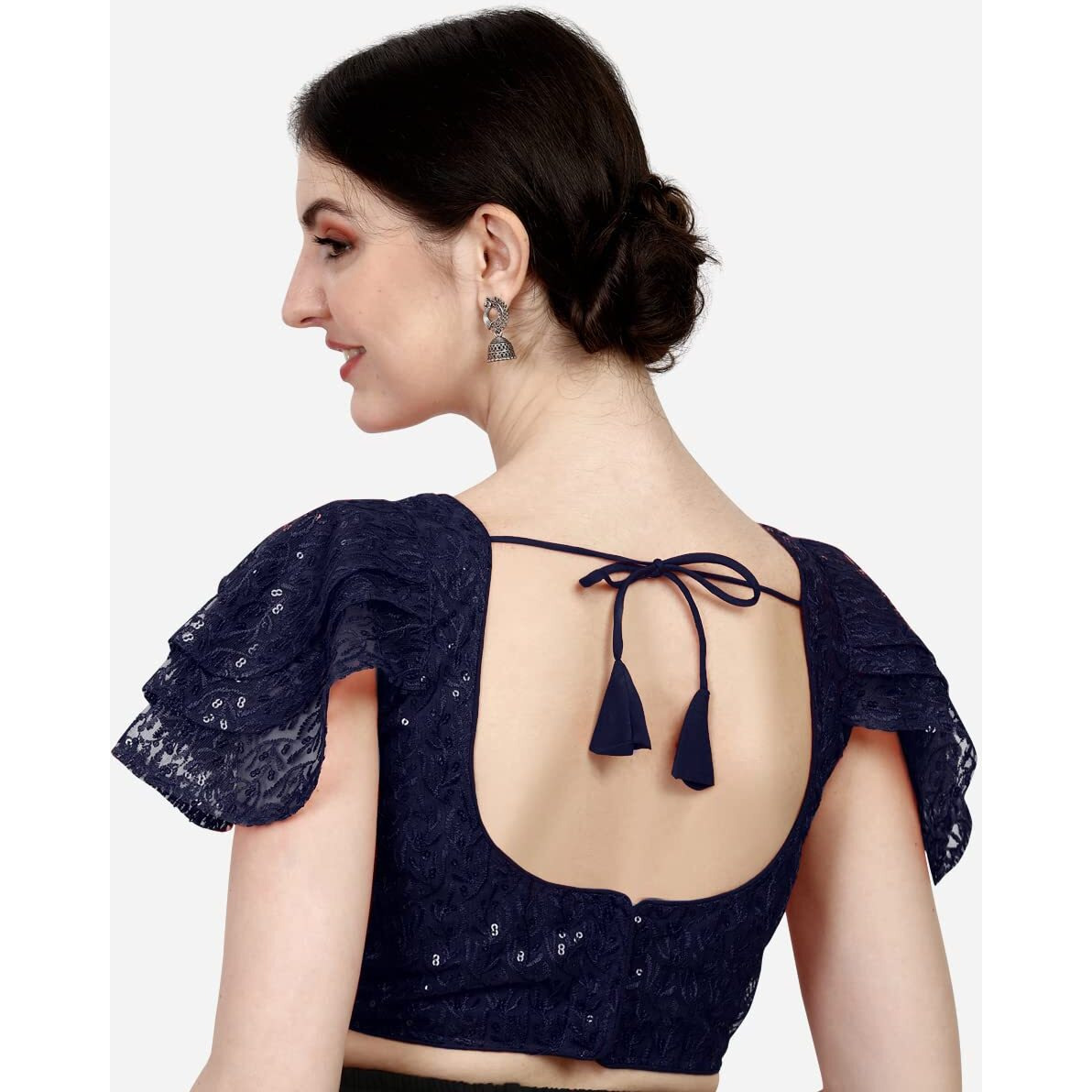 Pujia Mills Women's Shipali Net Work Ruffle Sleeve Readymade Saree Blouse (Navy Blue, 38)