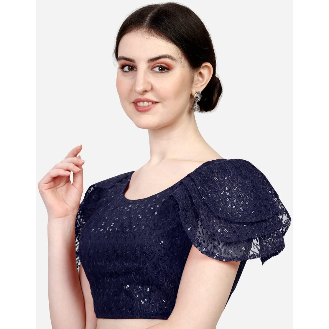 Pujia Mills Women's Shipali Net Work Ruffle Sleeve Readymade Saree Blouse (Navy Blue, 38)