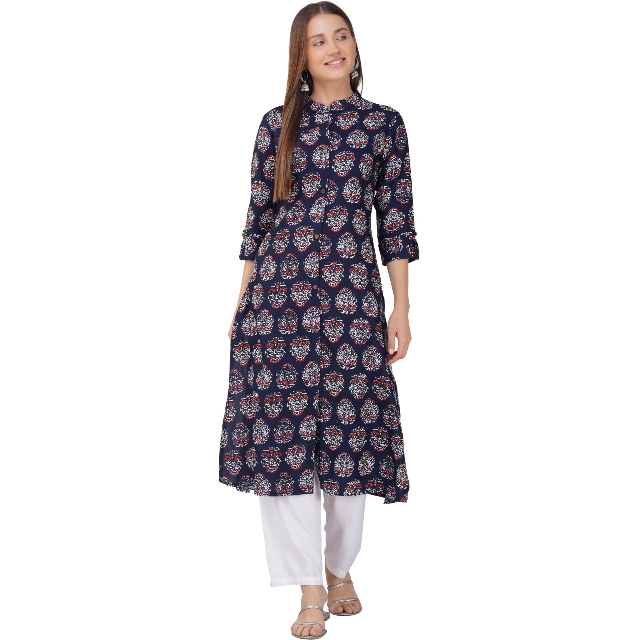 Rytras Women's Printed A-Line Kurta(Ryt541,Navy Blue-2,M)