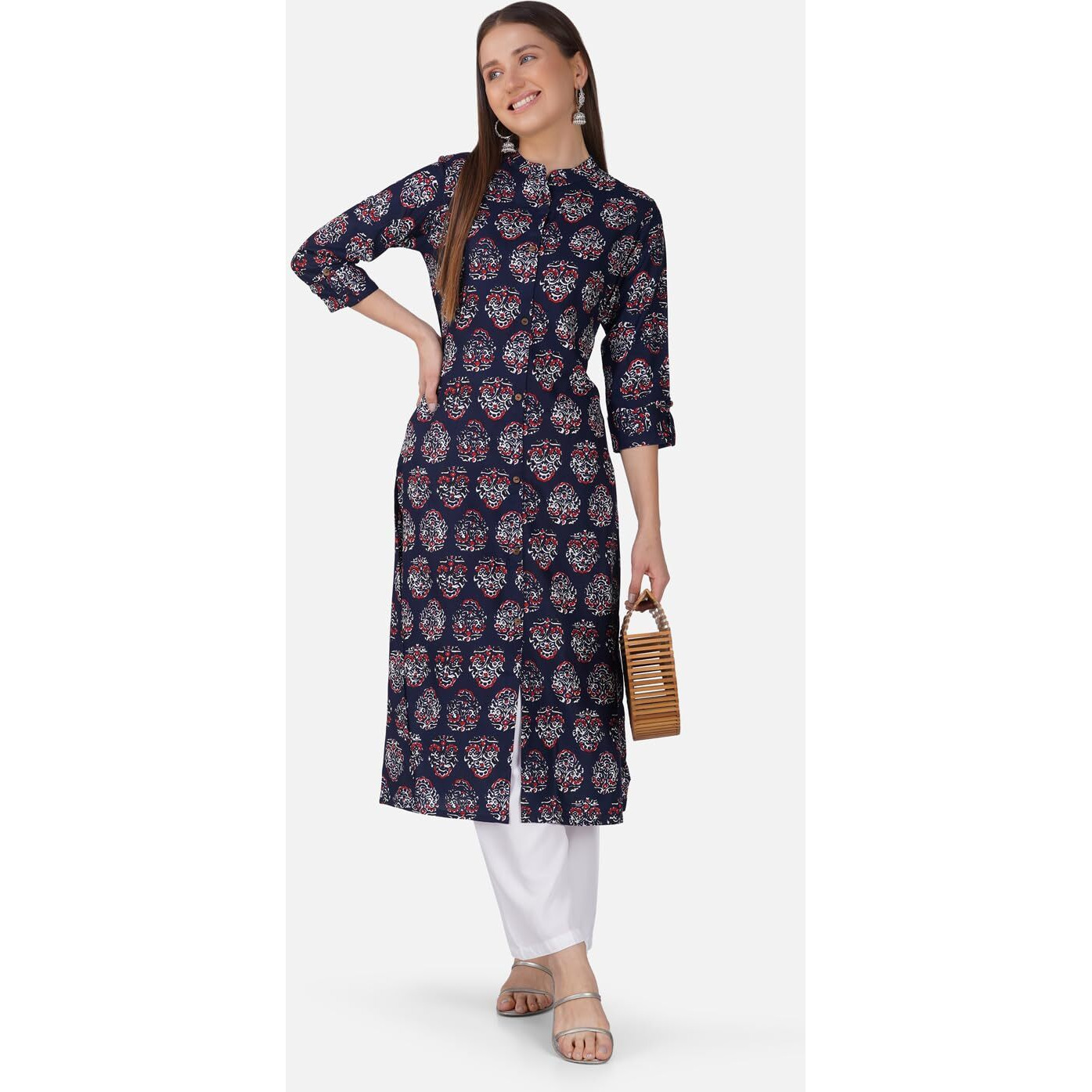 Rytras Women's Printed A-Line Kurta(Ryt541,Navy Blue-2,M)