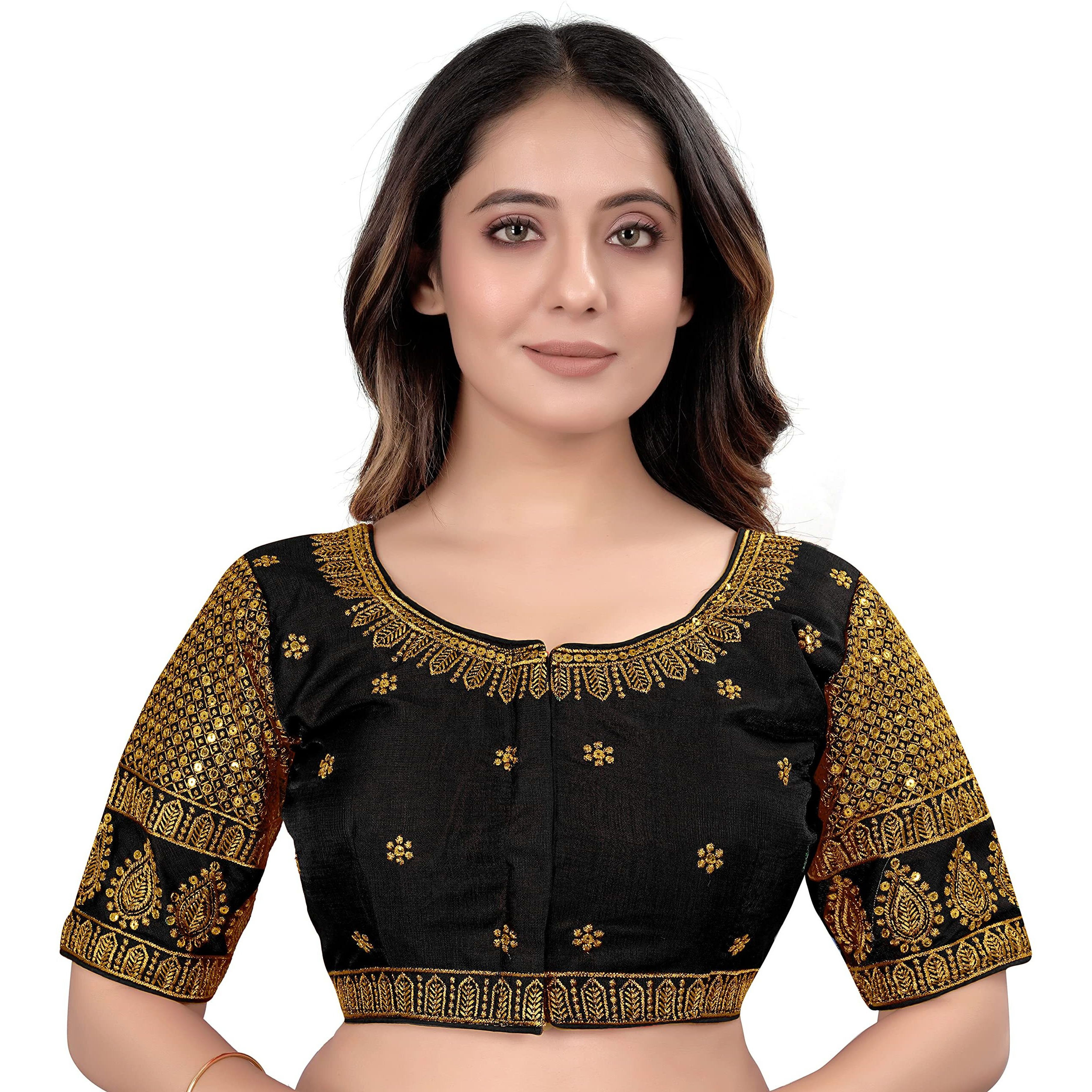Pujia Mills Women's Blouse Readymade Blouse Embroidery Blouse Readymade Blouses For Women Readymade Blouses For Women Half Readymade Saree Blouse For Women Black Blouse Readymade (Delta Black 38)