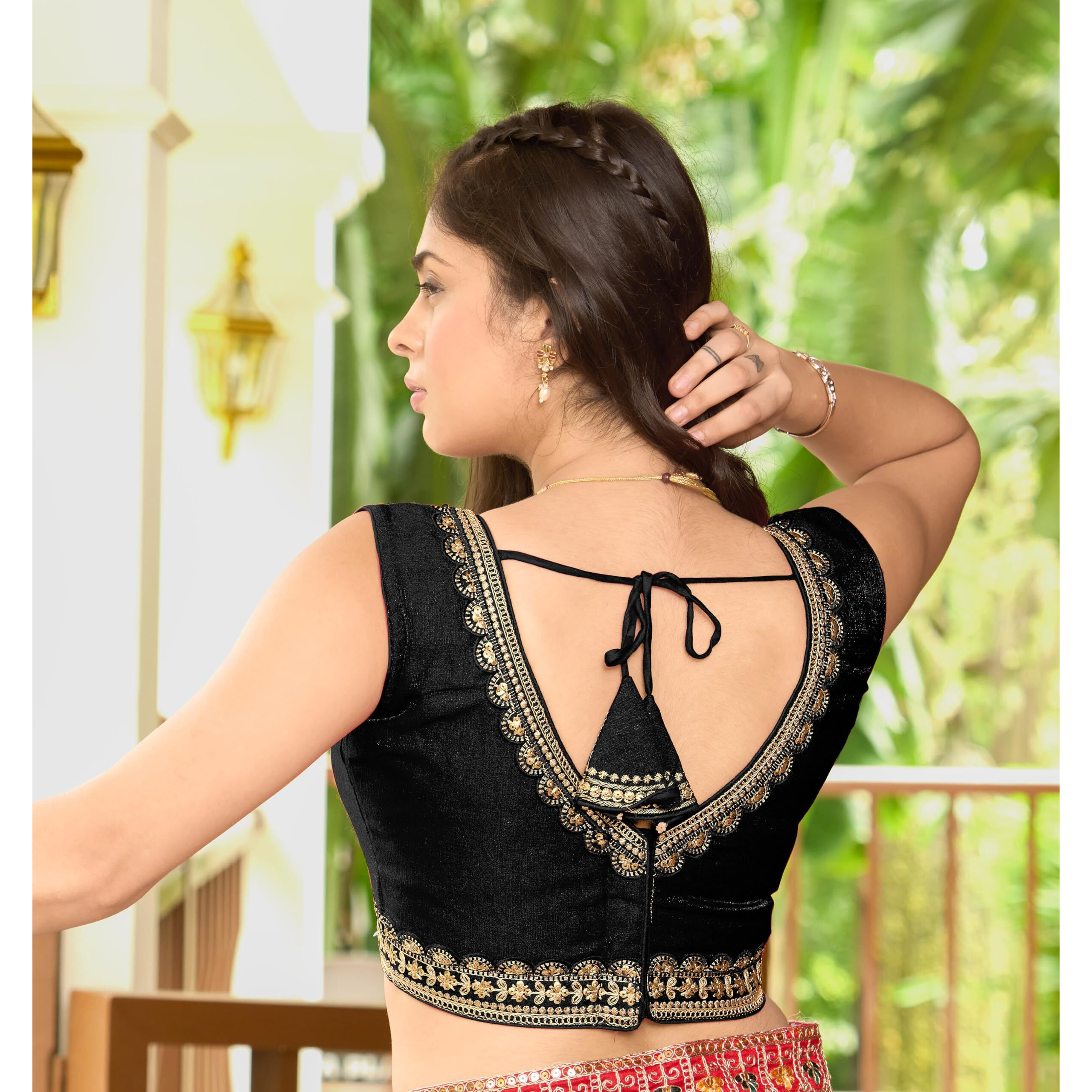 Pujia Mills Women's Sequin Embroidered V Neck Sleeveless Readymade Saree Blouse Indian Ethnic Designer Stitched Readymade Sequence Saree Blouse Sleeveless Blouse Readymade Black Blouse For Women