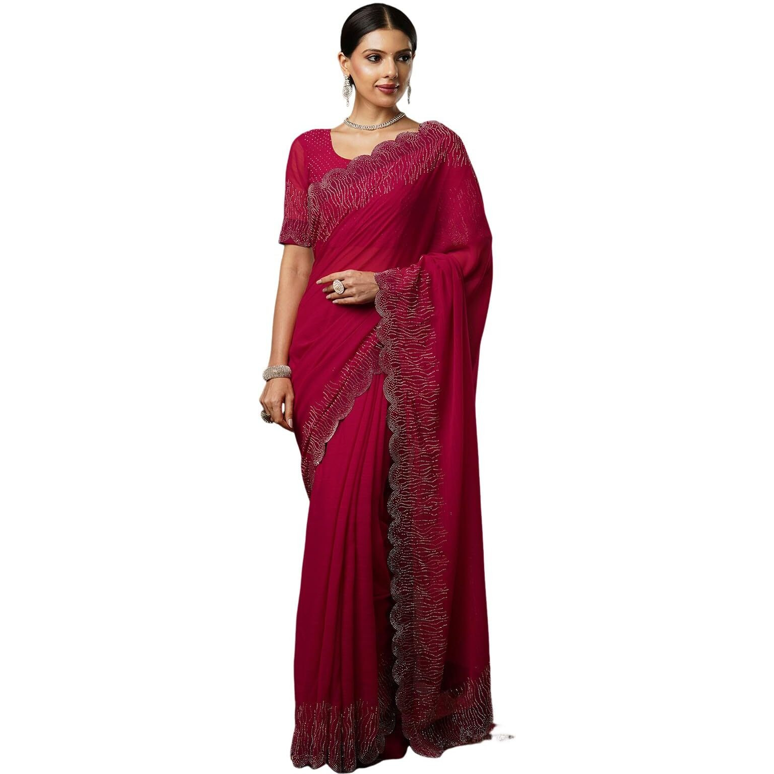 Satrani Women's Georgette Stone Work Scalloped Border Saree With Unstitched Blouse Piece (3902S464N_Red)