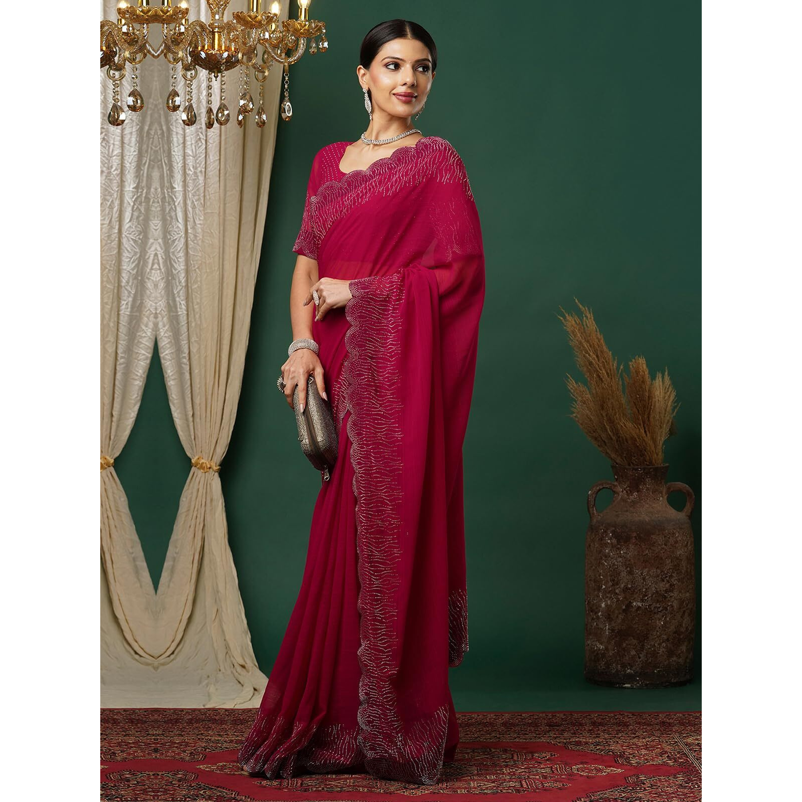 Satrani Women's Georgette Stone Work Scalloped Border Saree With Unstitched Blouse Piece (3902S464N_Red)