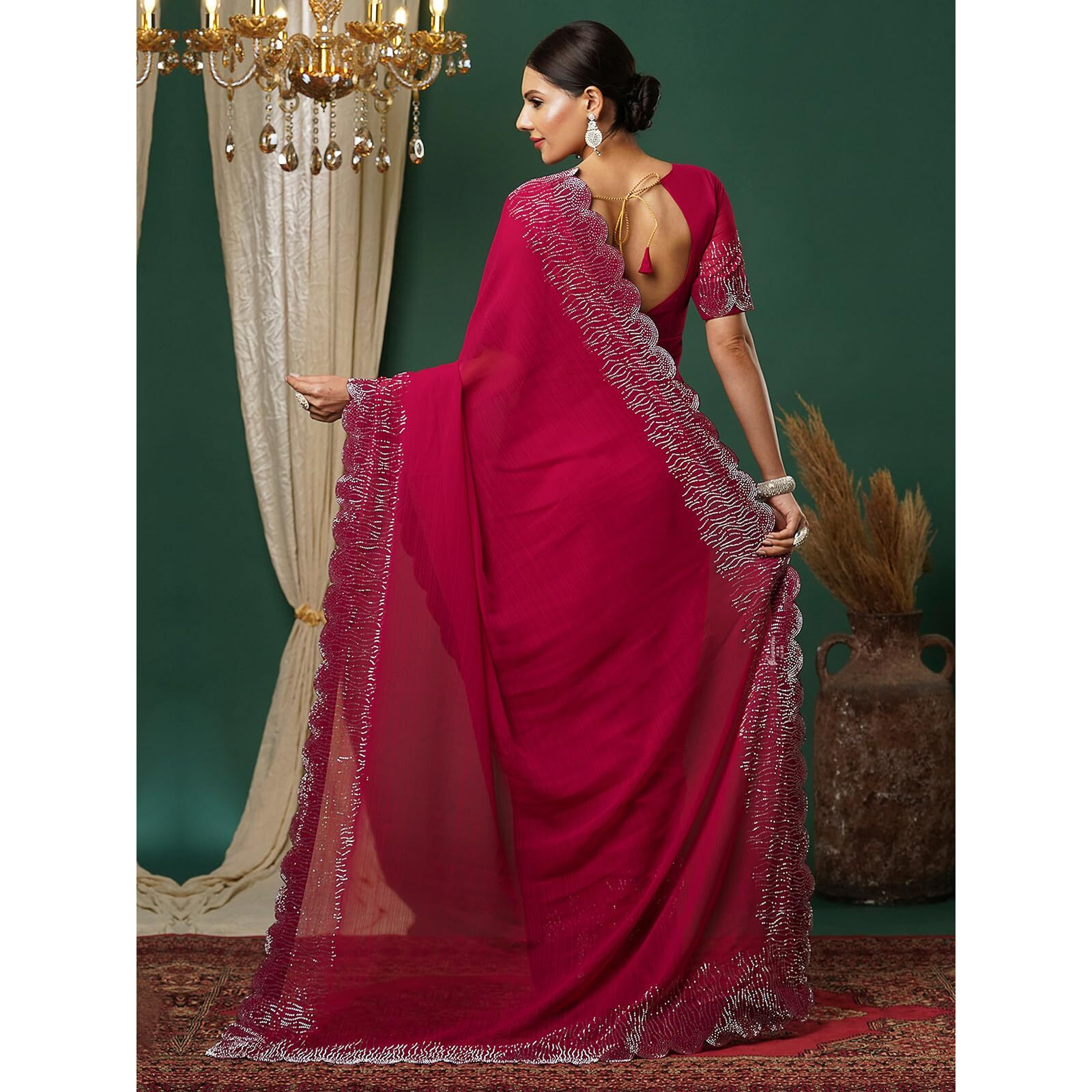 Satrani Women's Georgette Stone Work Scalloped Border Saree With Unstitched Blouse Piece (3902S464N_Red)