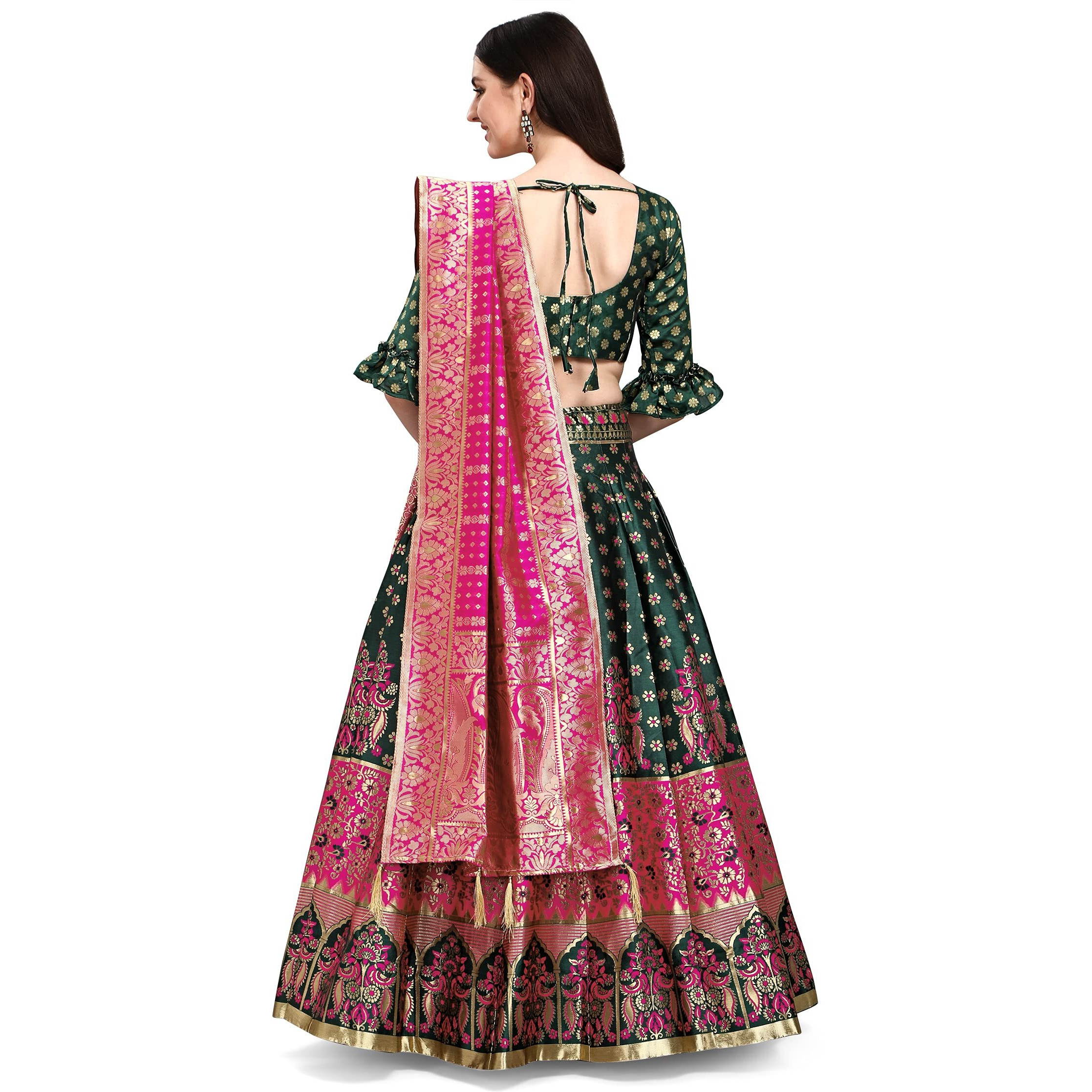 Purvaja Women's Jacquard Semi-Stitched Lehenga Choli (Erica-D-Green_Green_Free Size)
