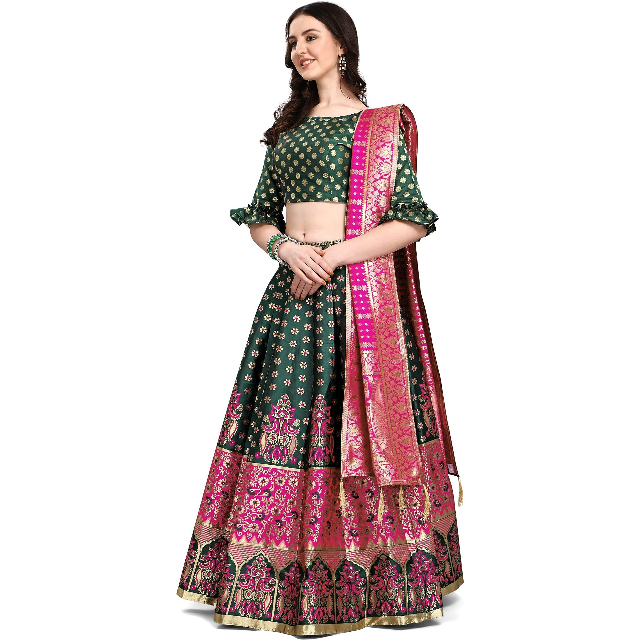 Purvaja Women's Jacquard Semi-Stitched Lehenga Choli (Erica-D-Green_Green_Free Size)