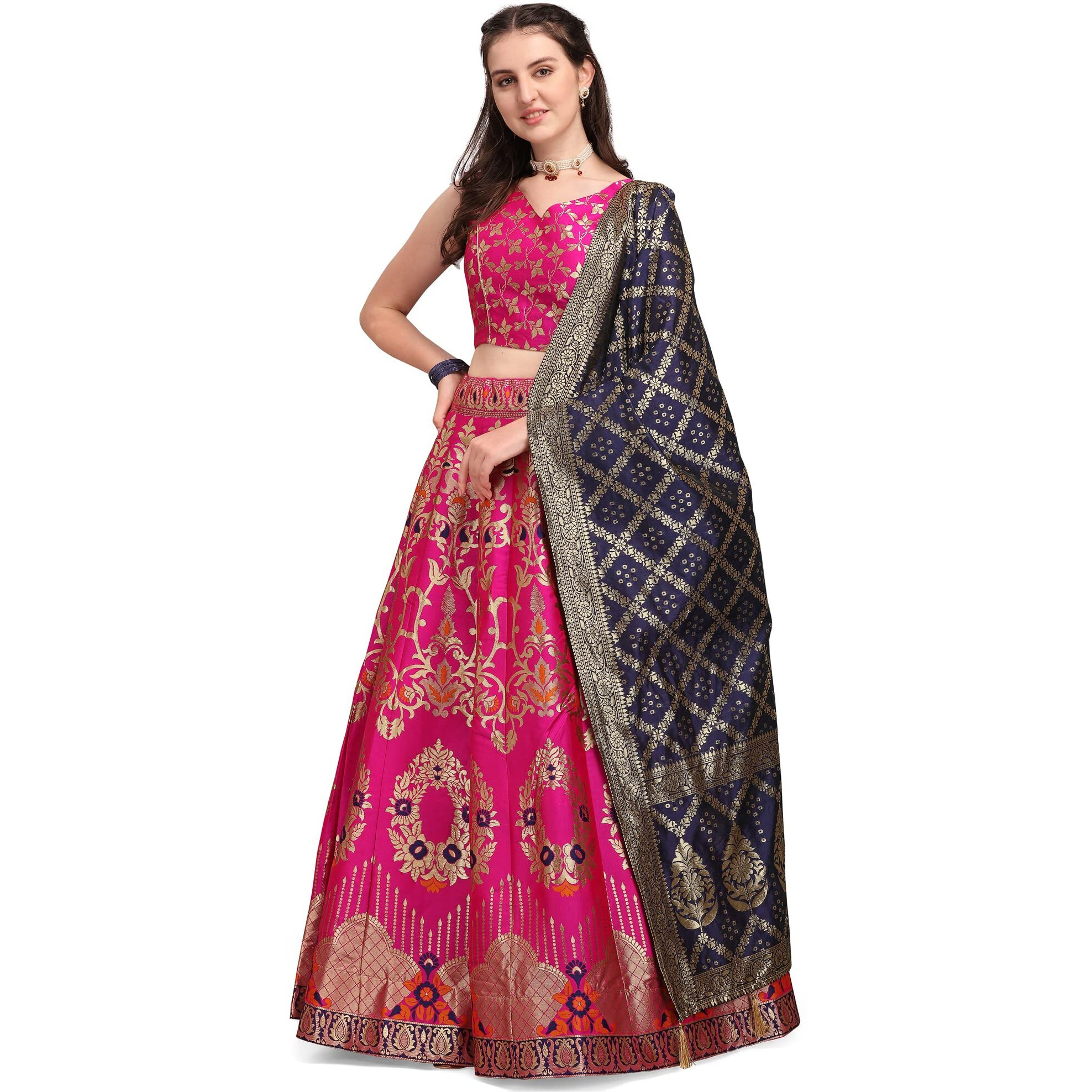 Purvaja Women's Jacquard Semi-Stitched Lehenga Choli (Amayra-Pink_Pink_Free Size)