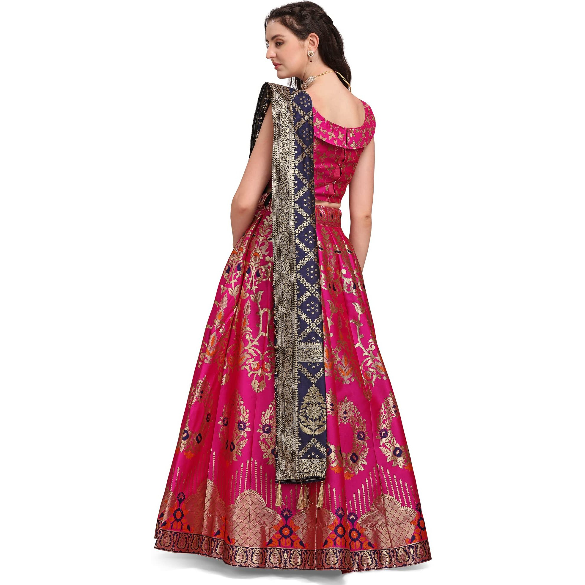 Purvaja Women's Jacquard Semi-Stitched Lehenga Choli (Amayra-Pink_Pink_Free Size)