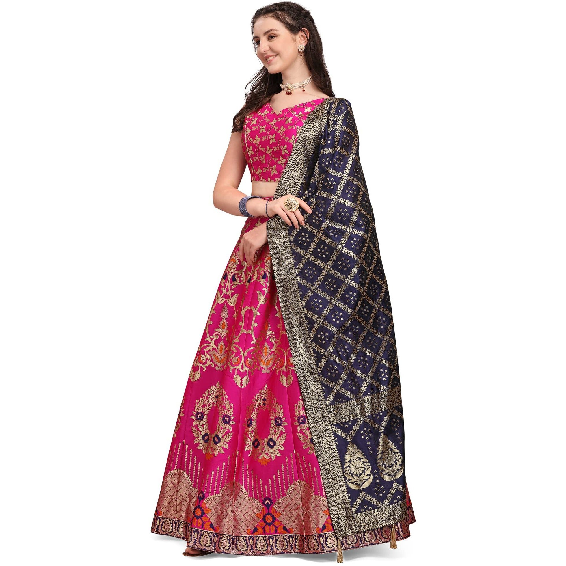 Purvaja Women's Jacquard Semi-Stitched Lehenga Choli (Amayra-Pink_Pink_Free Size)