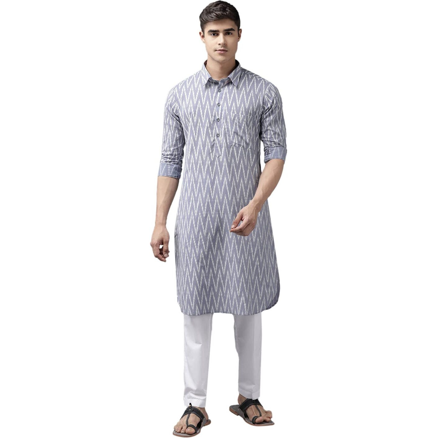 See Designs Men Light Grey Regular Pure Cotton Pathani Printed Men's Kurta With White Salwar_Sdpkt117301L