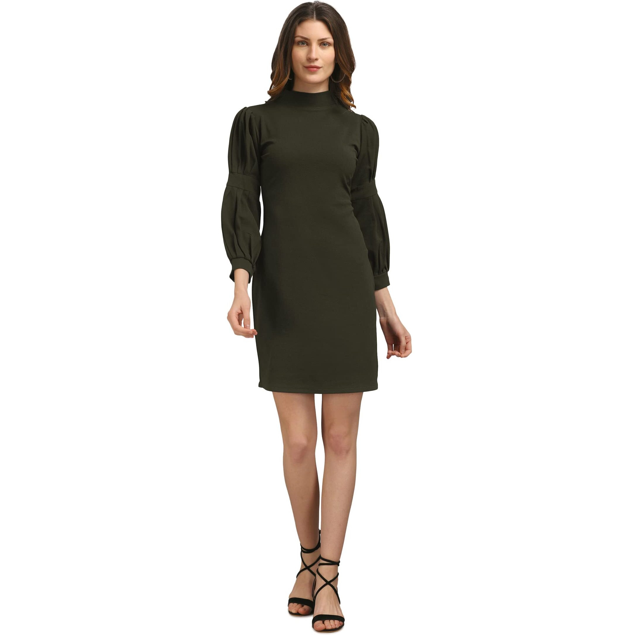 Purvaja Women's Polyester Blend Bodycon Above The Knee Dress (Ruby-589-Dark Olive-M_Dark