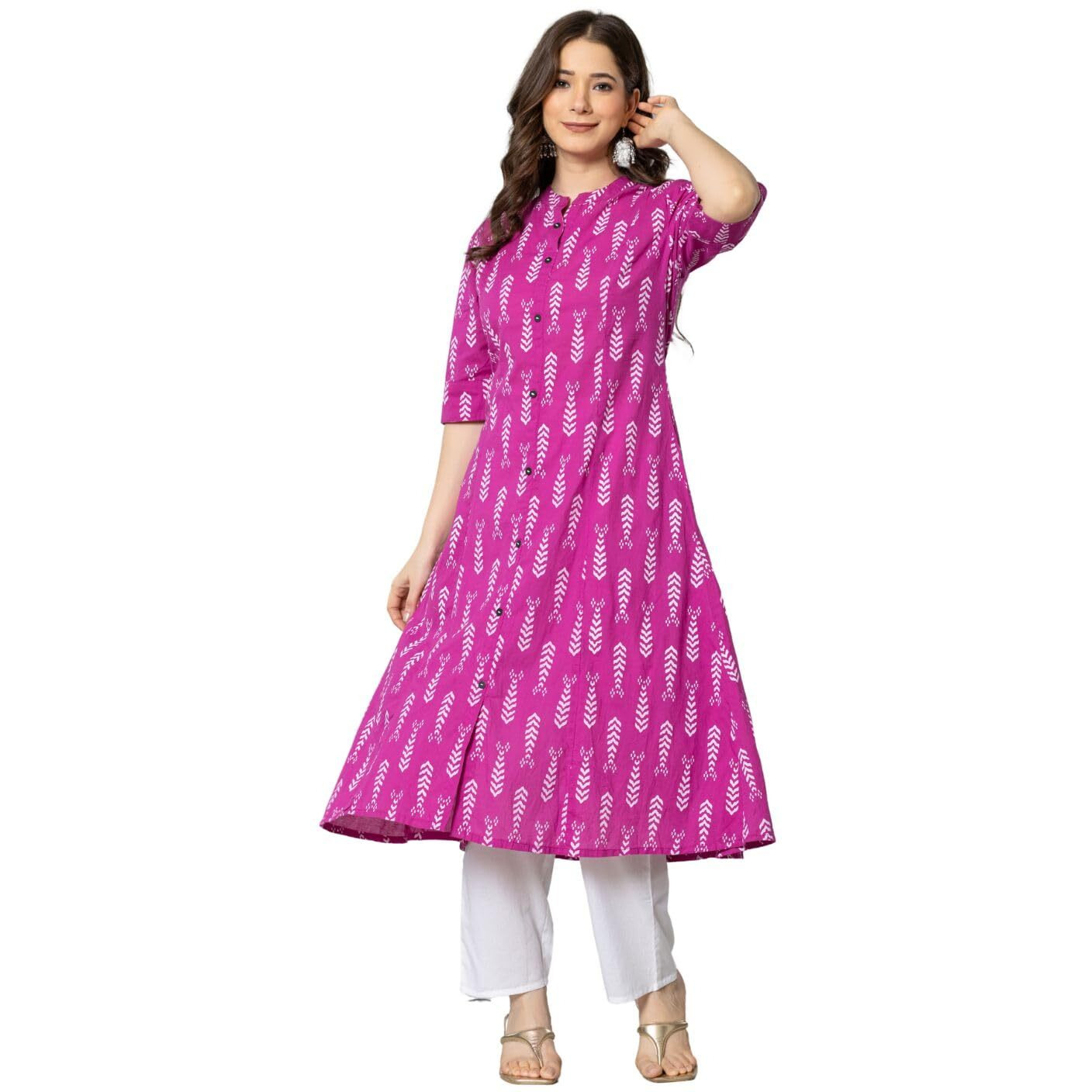 Rytras Women's Cotton Printed A-Line Kurta(Ryt575,Pink,M)