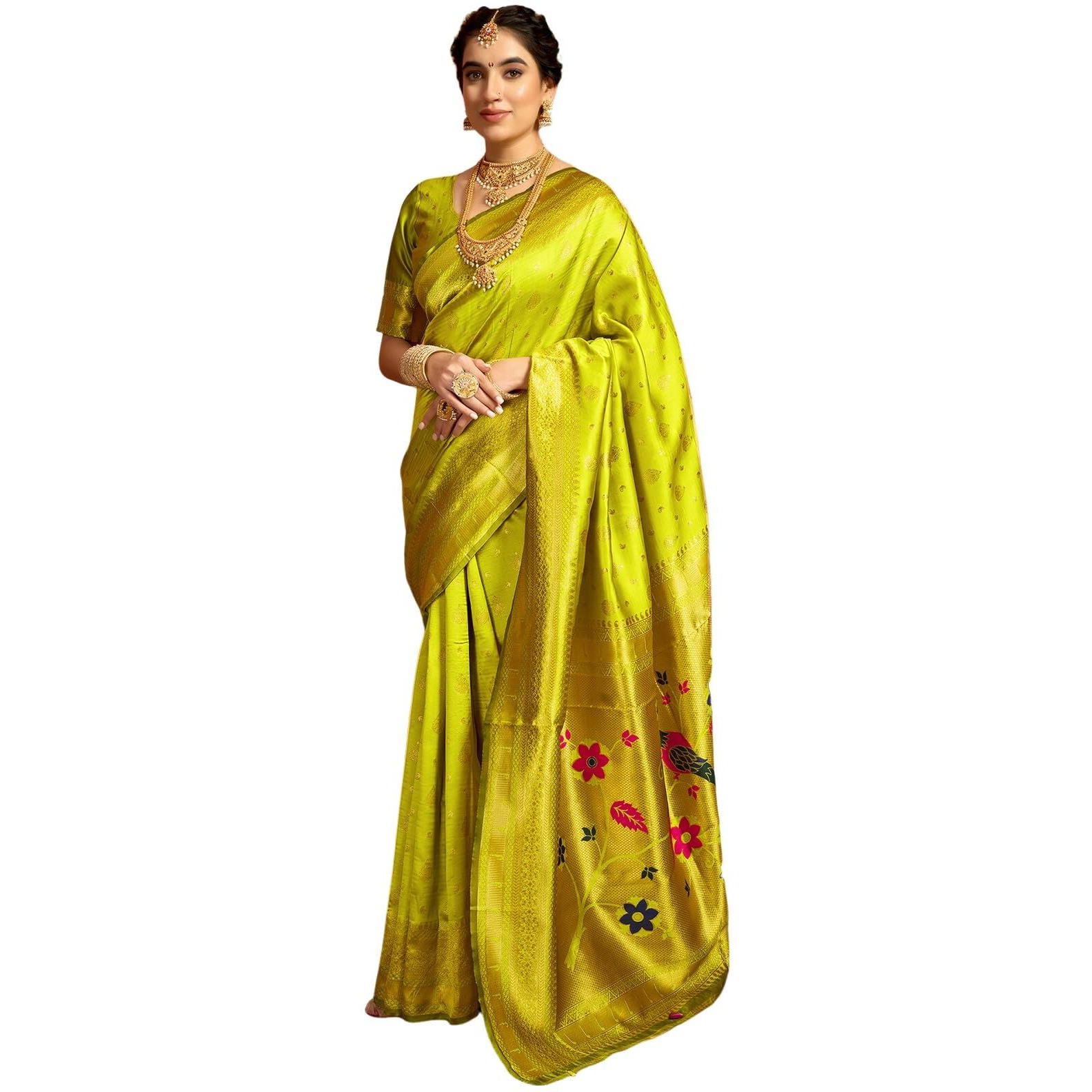 Satrani Women's Silk Paithani Jacquard Saree With Unstitched Blouse Piece (4052S6355N_Lime Green1)