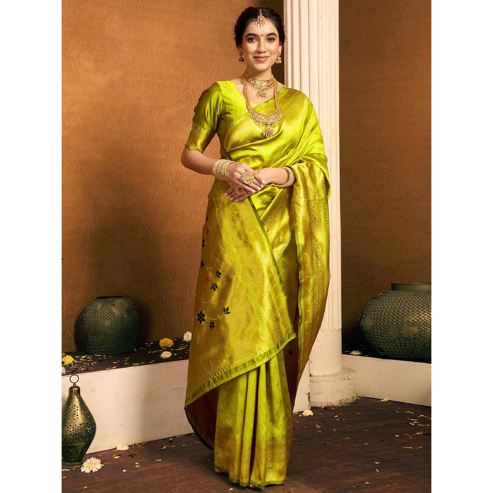 Satrani Women's Silk Paithani Jacquard Saree With Unstitched Blouse Piece (4052S6355N_Lime Green1)