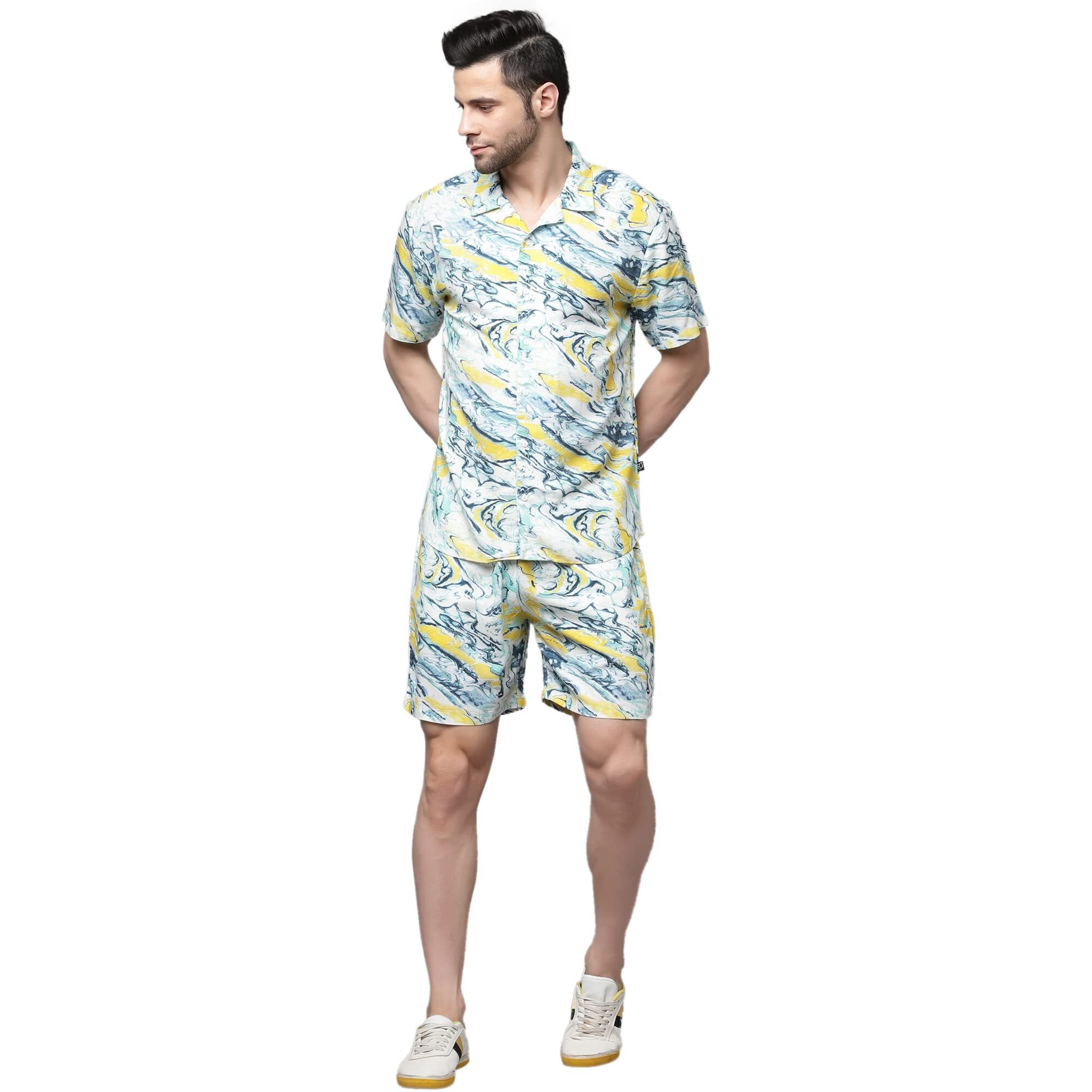 Rigo Printed Co-Ord Set For Men | Casual Shirt & Shorts Night Suit | Lounge-Wear Nightdress Shorts Set | Night Wear, Beach, Vacation Outfit Yellow Yellow 5Xl