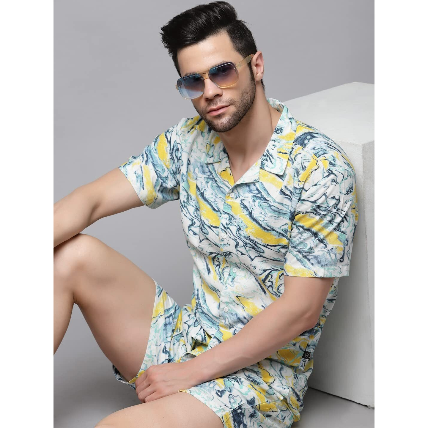 Rigo Printed Co-Ord Set For Men | Casual Shirt & Shorts Night Suit | Lounge-Wear Nightdress Shorts Set | Night Wear, Beach, Vacation Outfit Yellow Yellow 5Xl