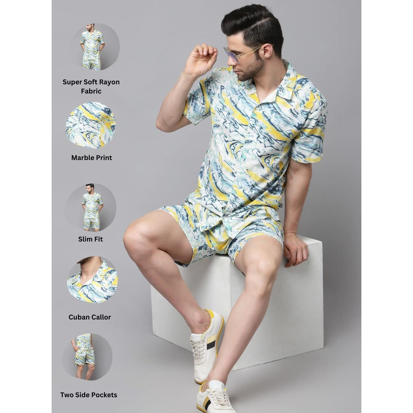 Rigo Printed Co-Ord Set For Men | Casual Shirt & Shorts Night Suit | Lounge-Wear Nightdress Shorts Set | Night Wear, Beach, Vacation Outfit Yellow Yellow 5Xl