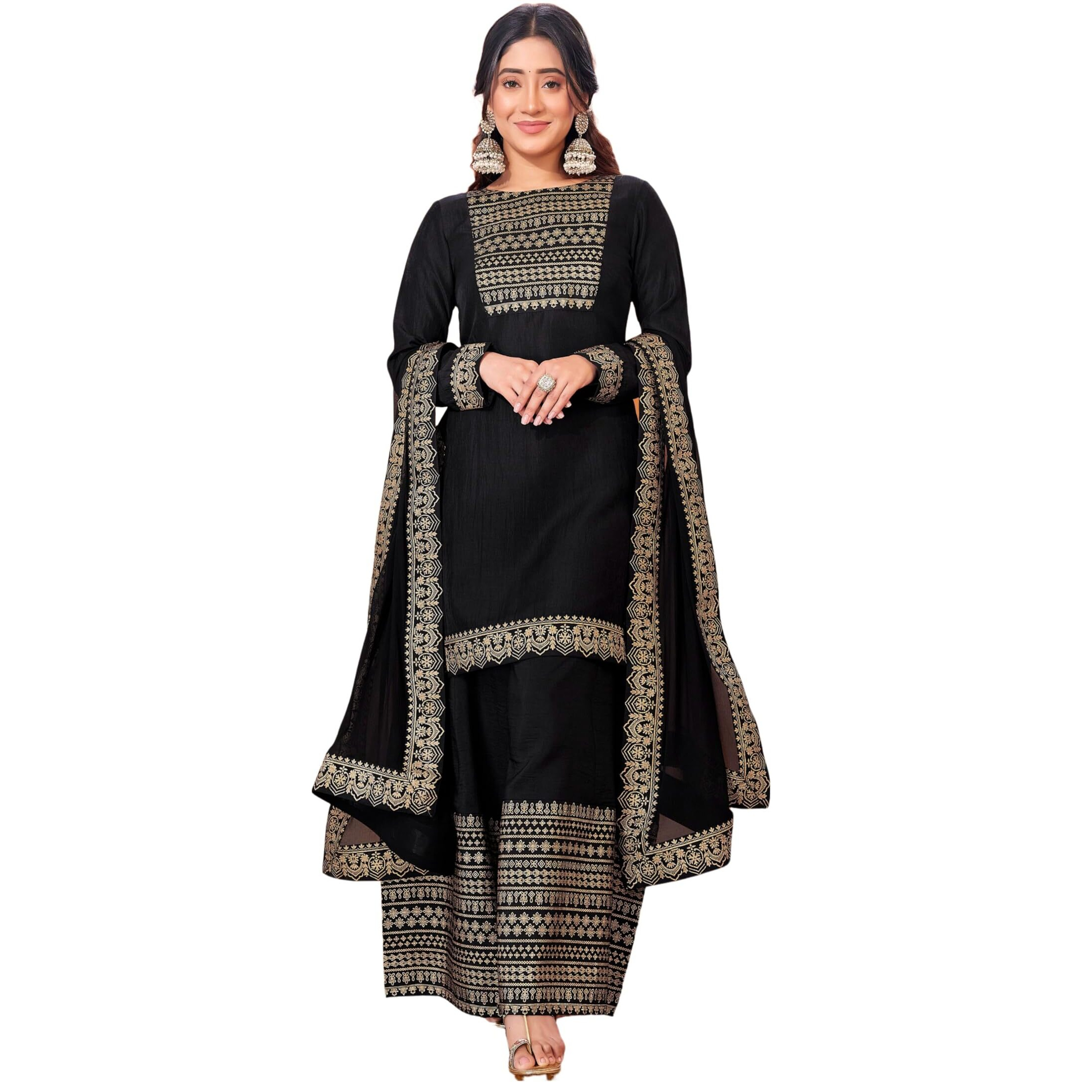 Sanisa Women's Chinnon Foil Printed Straight Kurta With Pant And Foil Printed Lace Work Dupatta (54Kbd633Nz-L_Black)