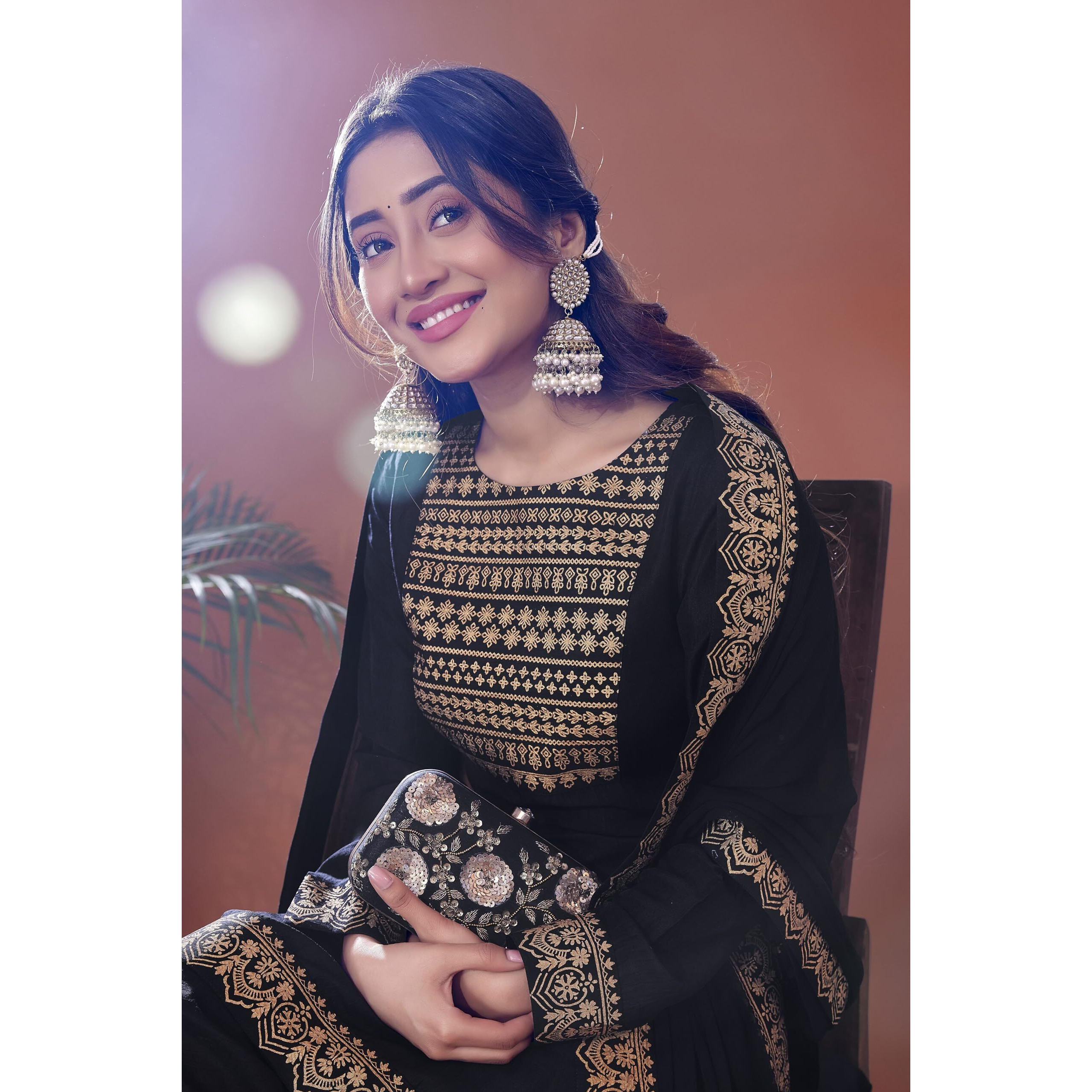 Sanisa Women's Chinnon Foil Printed Straight Kurta With Pant And Foil Printed Lace Work Dupatta (54Kbd633Nz-L_Black)