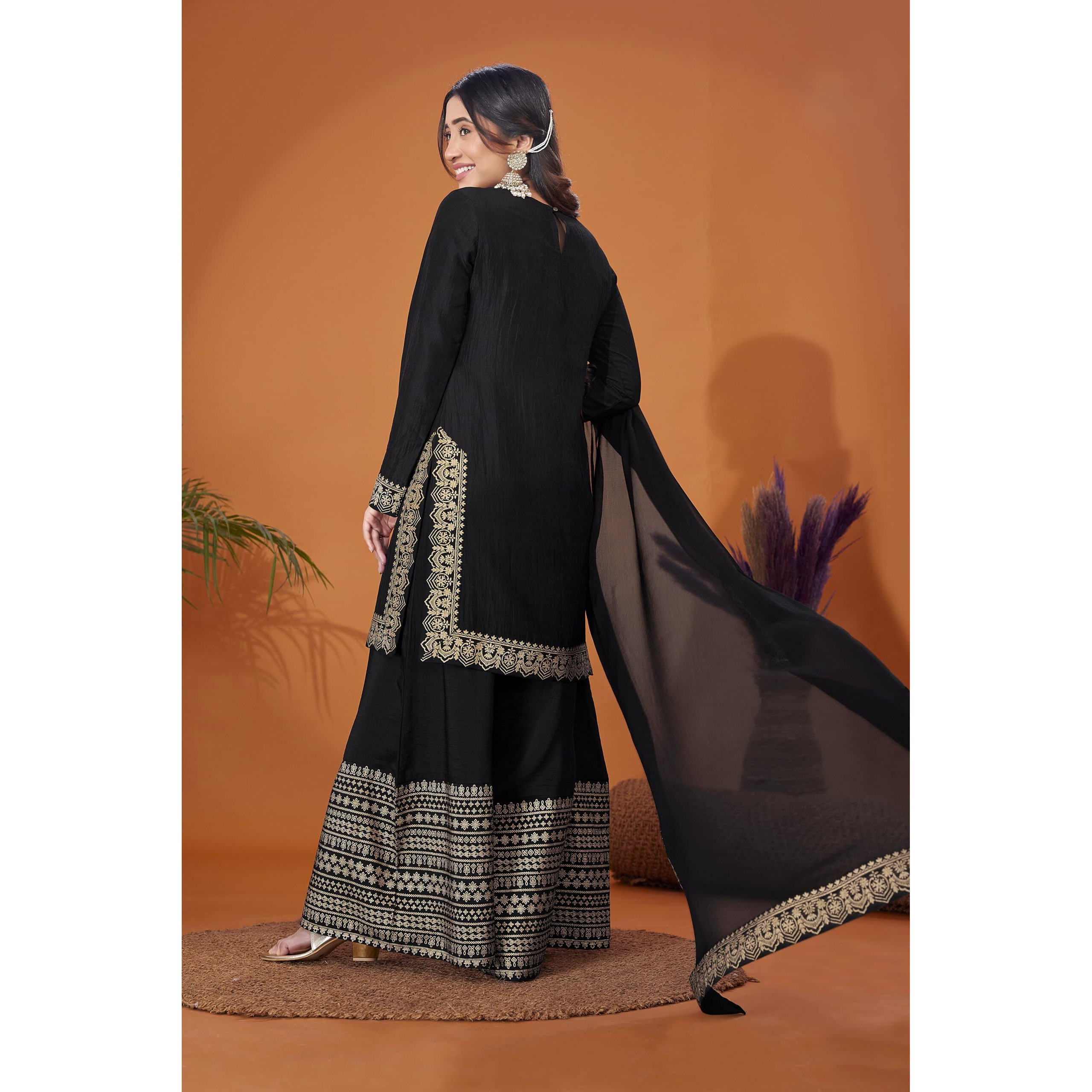 Sanisa Women's Chinnon Foil Printed Straight Kurta With Pant And Foil Printed Lace Work Dupatta (54Kbd633Nz-L_Black)