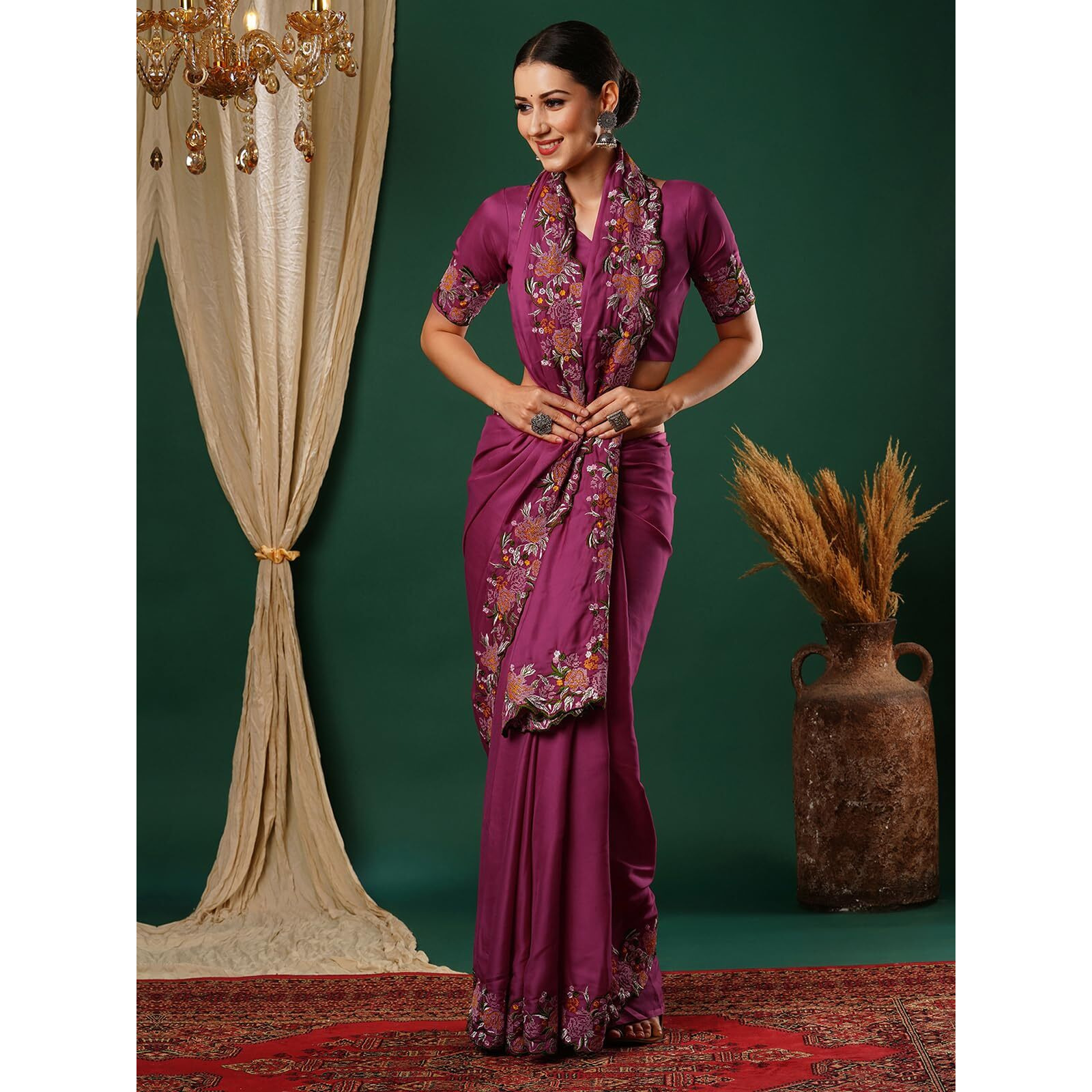 Satrani Women's Satin Embroidery And Scalloped Border Saree With Unstitched Blouse Piece (3922S535N_Rani Pink)