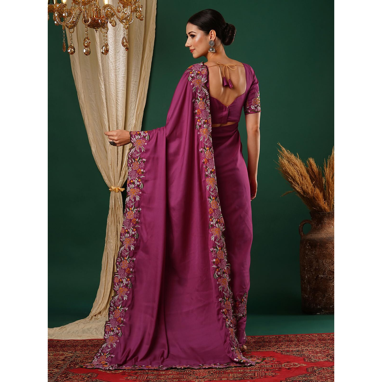 Satrani Women's Satin Embroidery And Scalloped Border Saree With Unstitched Blouse Piece (3922S535N_Rani Pink)