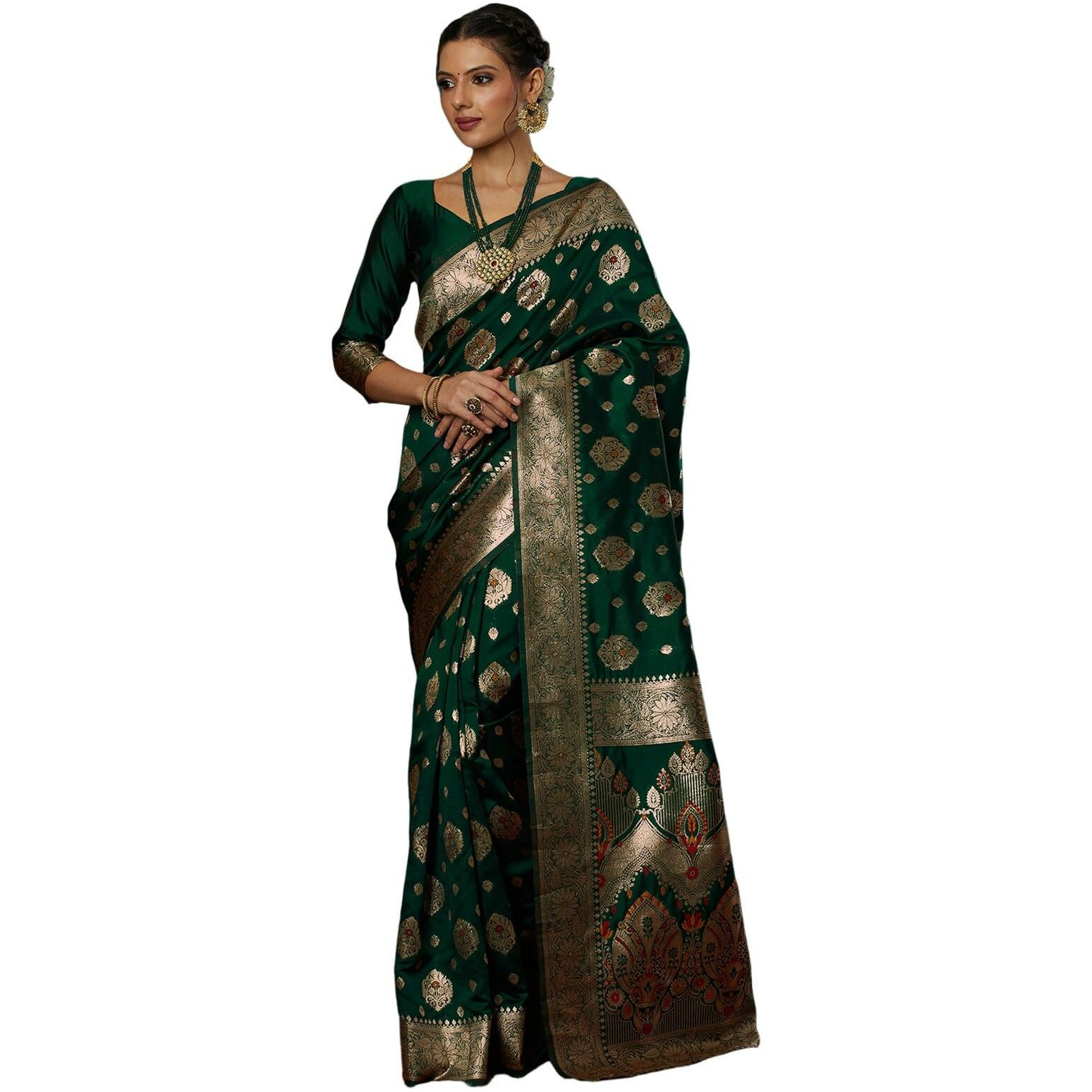Satrani Women's Silk Blend Weaving Banarasi Saree With Unstitched Blouse Piece (4100S740N_Dark Green2)