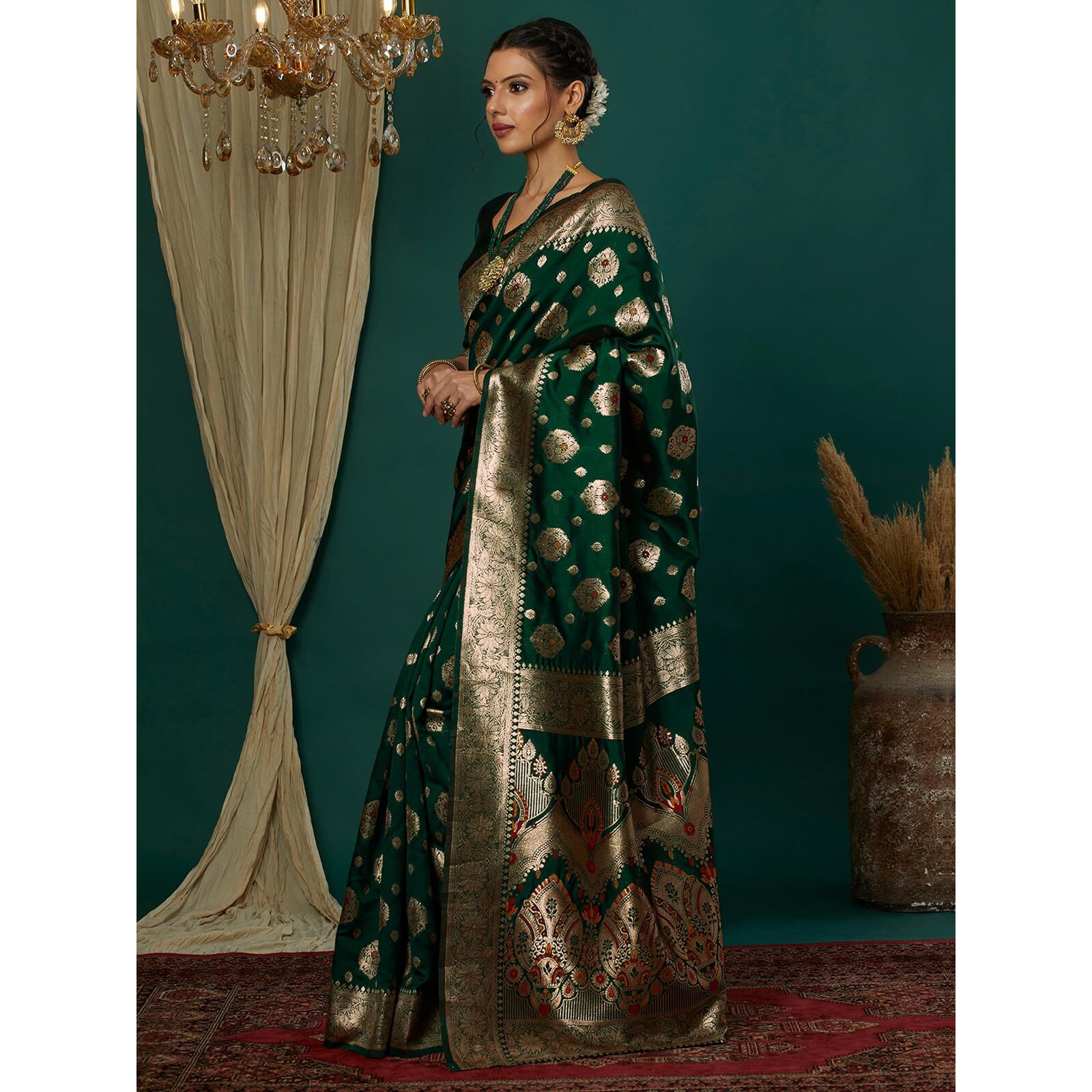 Satrani Women's Silk Blend Weaving Banarasi Saree With Unstitched Blouse Piece (4100S740N_Dark Green2)