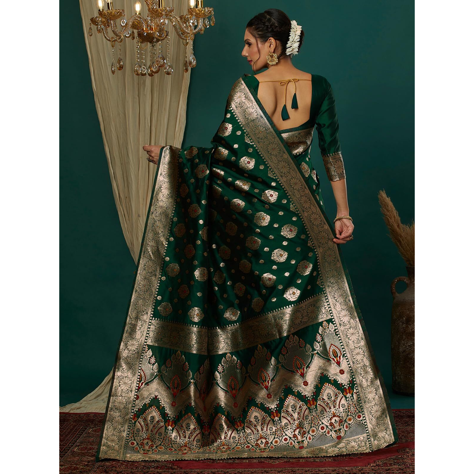 Satrani Women's Silk Blend Weaving Banarasi Saree With Unstitched Blouse Piece (4100S740N_Dark Green2)