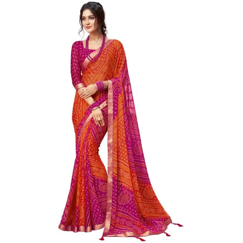 Satrani Women's Lace & Bandhani Printed Chiffon Saree With Unstitched Blouse Piece(2612S2078N_Pink & Orange2)
