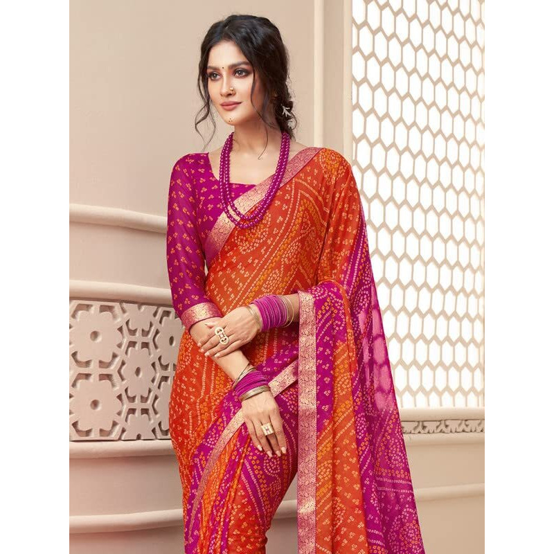 Satrani Women's Lace & Bandhani Printed Chiffon Saree With Unstitched Blouse Piece(2612S2078N_Pink & Orange2)