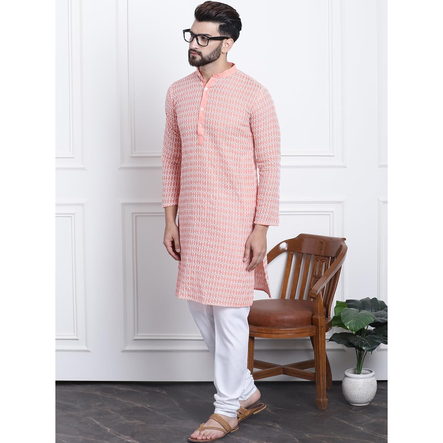 Sojanya (Since 1958 Men's Pure Cotton Peach Kurta With White Embroidery And White Pyjama Set