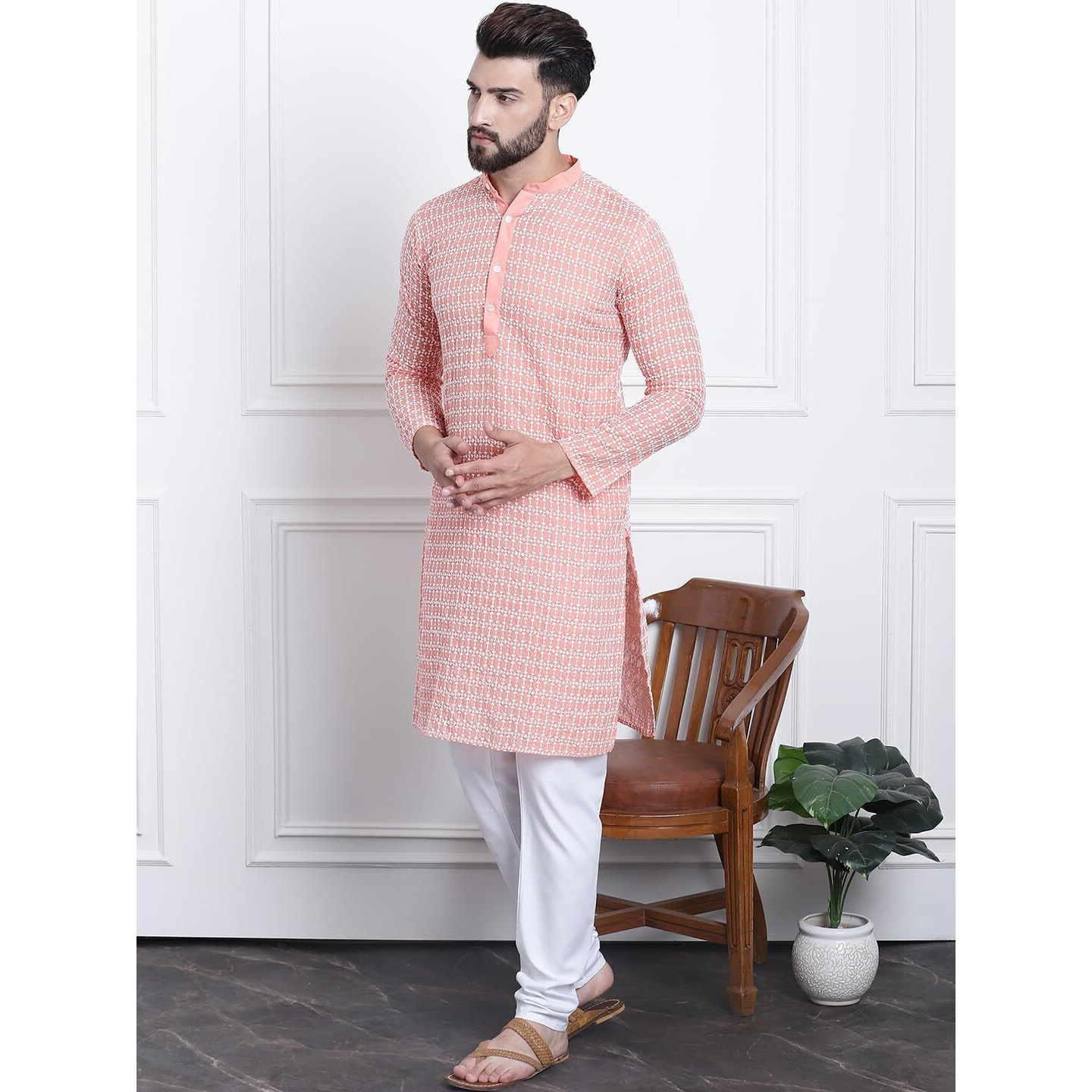 Sojanya (Since 1958 Men's Pure Cotton Peach Kurta With White Embroidery And White Pyjama Set