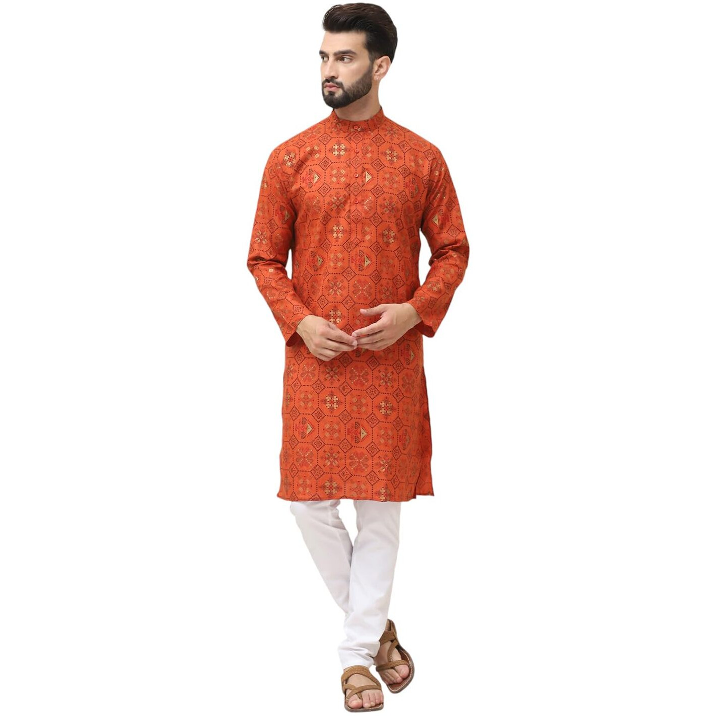 Sojanya (Since 1958 Men's Cotton Blend Orange Printed Kurta And White Churidar Pyjama Set