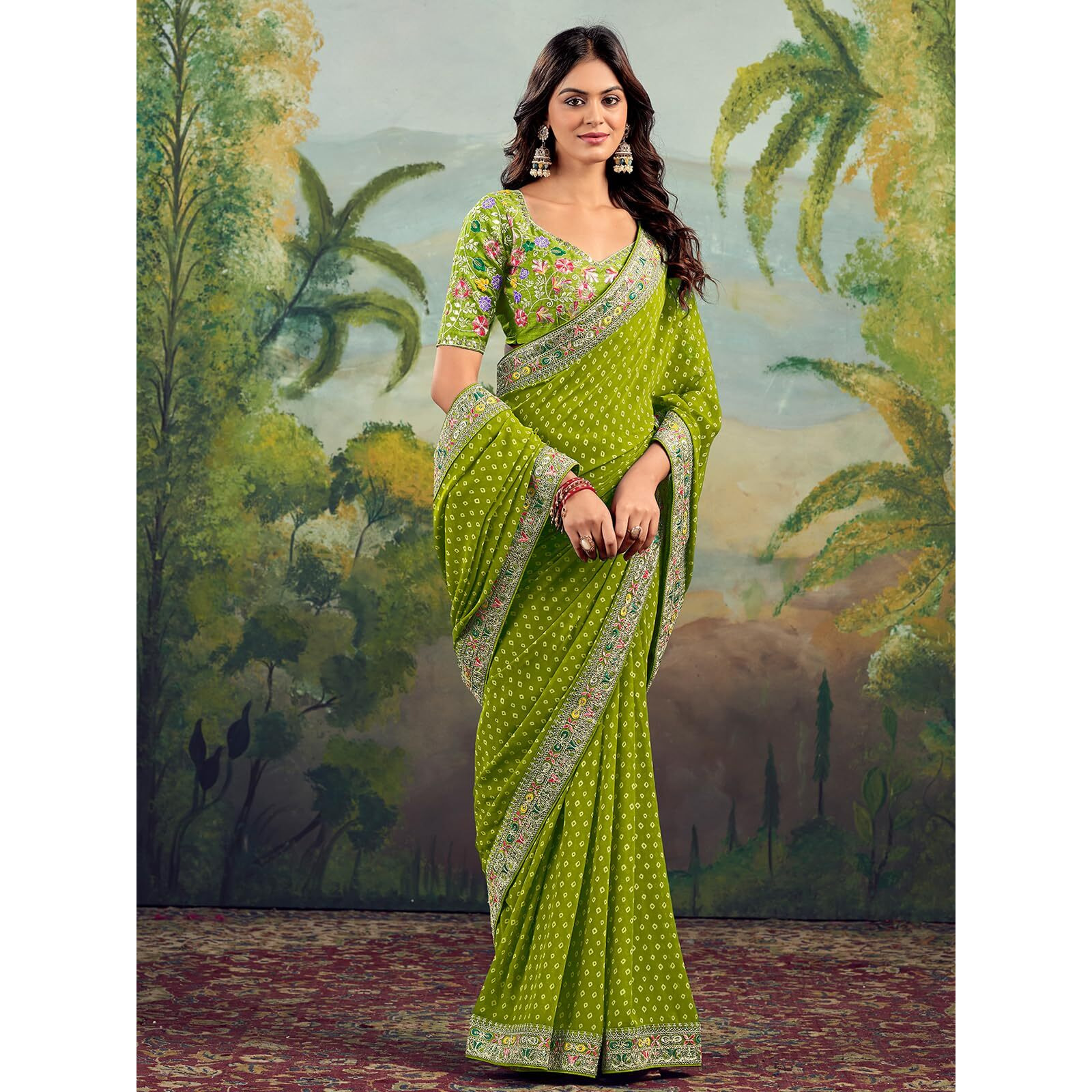 Satrani Women's Georgette Sequence Embroidery Lace & Bandhani Printed Saree With Unstitched Blouse Piece (4115S907N_Light Green)