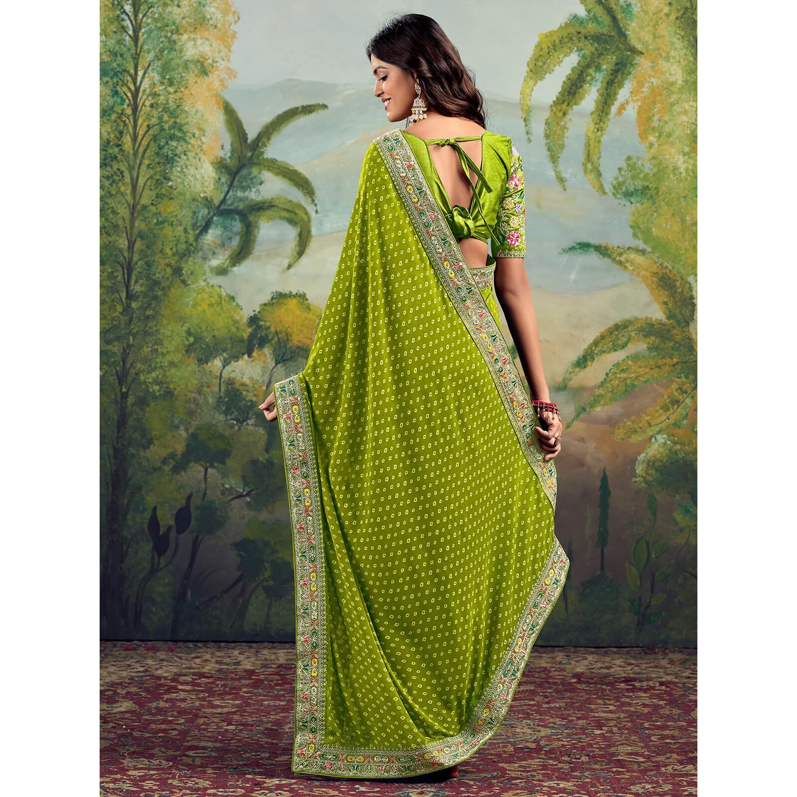 Satrani Women's Georgette Sequence Embroidery Lace & Bandhani Printed Saree With Unstitched Blouse Piece (4115S907N_Light Green)